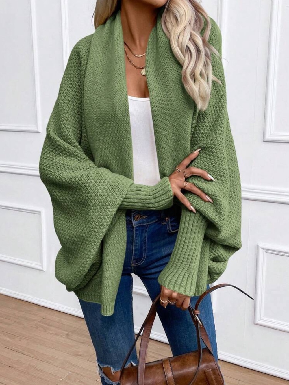 Cozy green lantern sleeve shawl collar cardigan